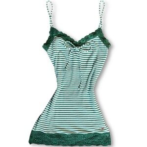 Y2K Vintage Hollister Green & White Striped Lace Trim Cami Top with Bow Detail